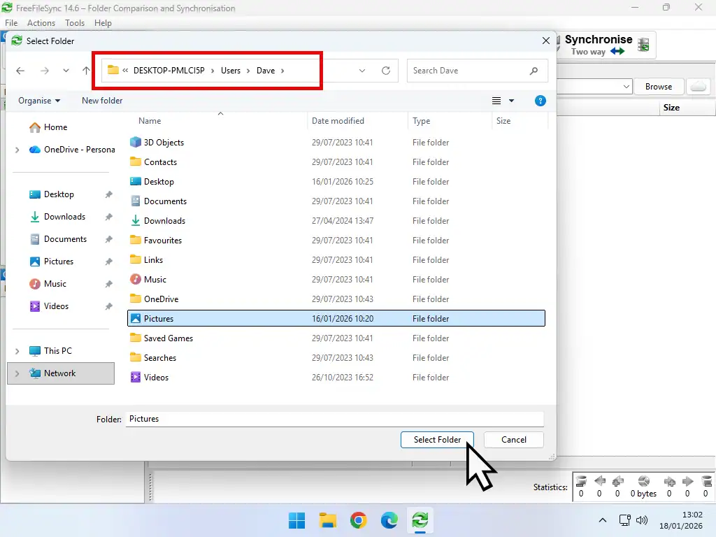 Second folder selected Selecting networked folder to sync to.