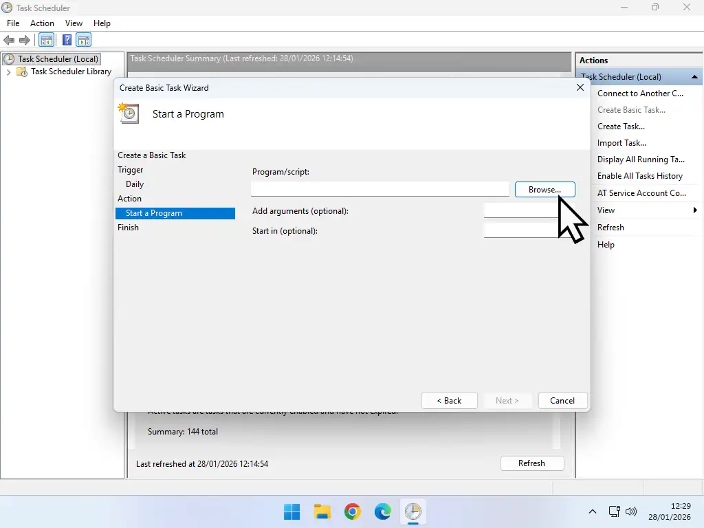 Select program to start Browse button indicated.
