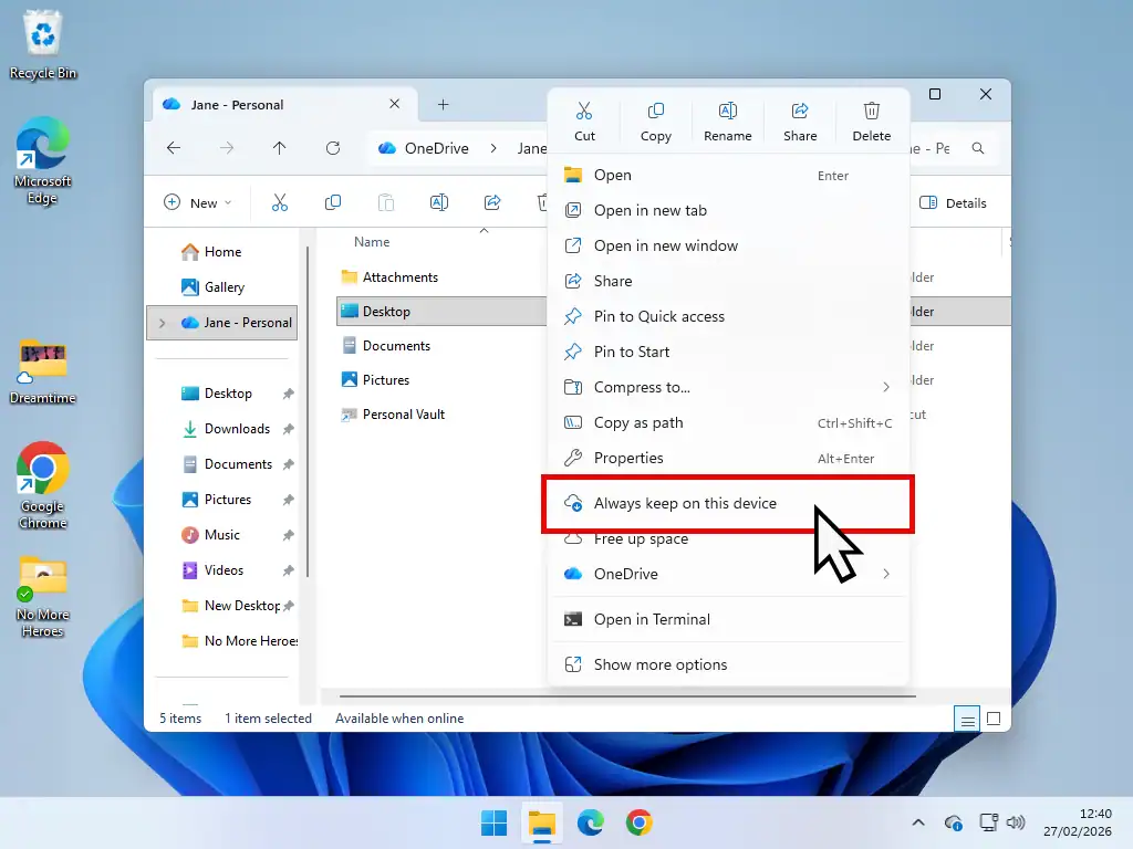 Always keep on this device Folder status being changed to "Always keep on this device" to create OneDrive backups.