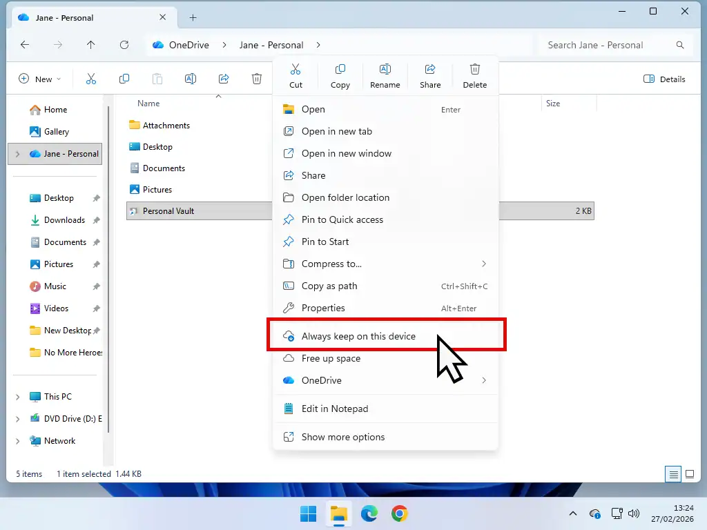 Backup OneDrive personal vault Change the settings of your Personal Vault in OneDrive to "Always keep on this device".