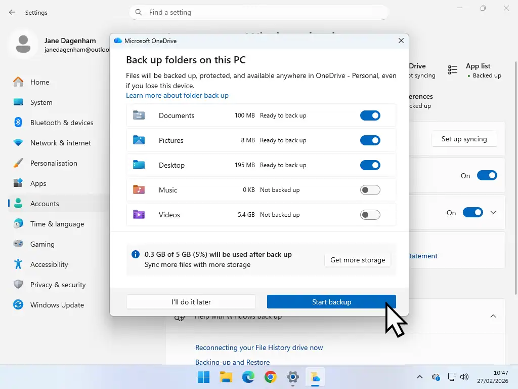 Backup folders on this PC Documents, Pictures and Desktop folders selected for backing up in OneDrive.