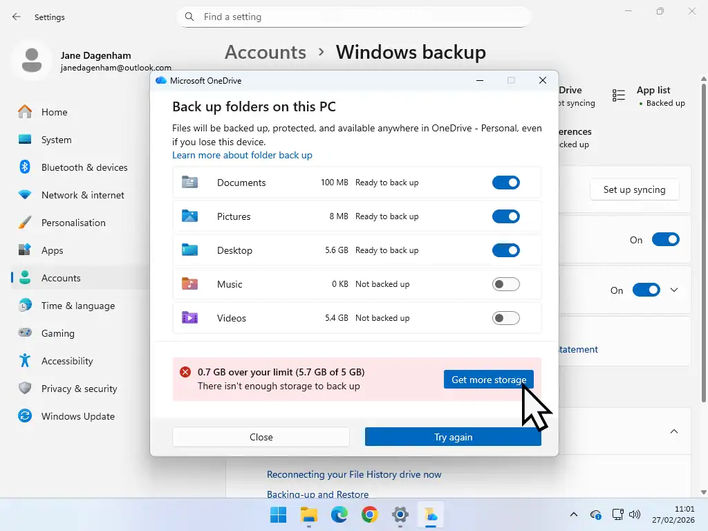 Get more storage Get More Storage button is being clicked in OneDrive to buy more space for the backups.