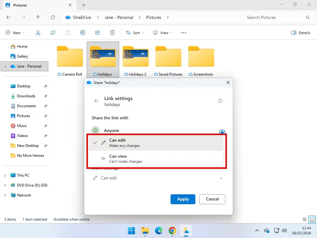 Link settings Can View and Can Edit options.