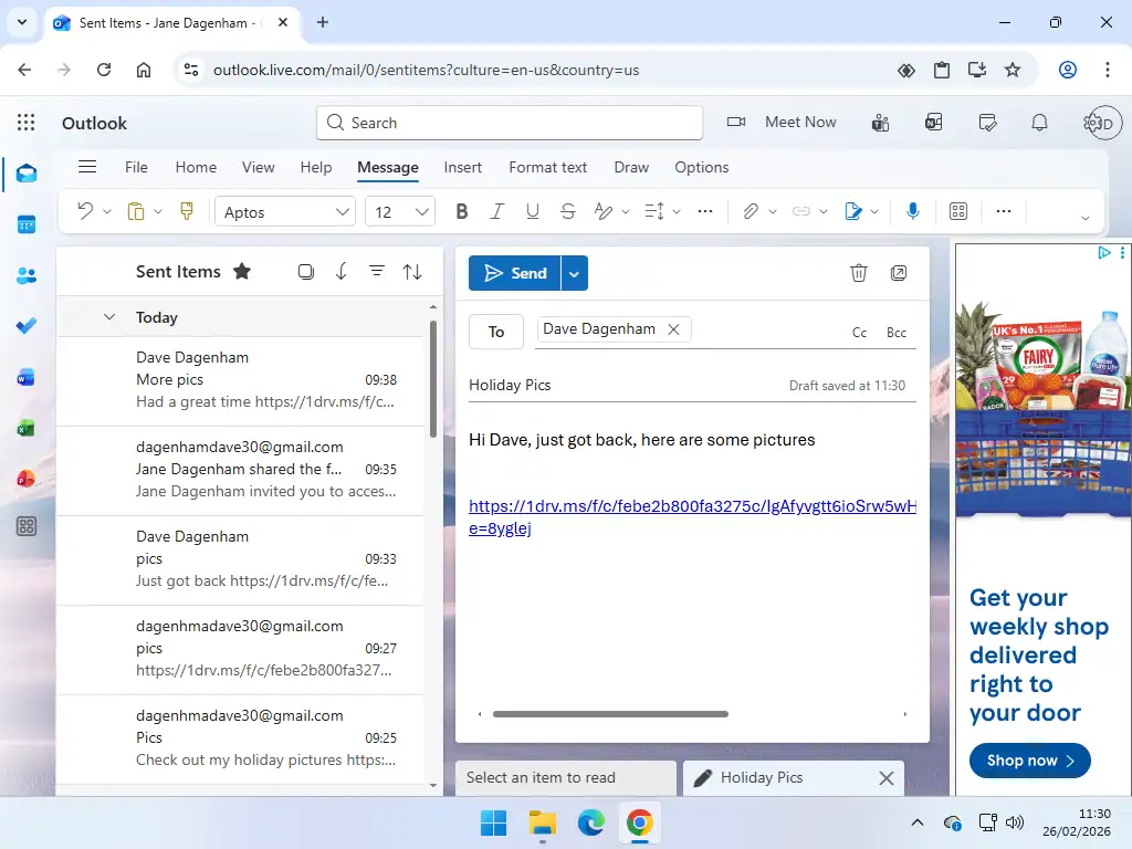 Link to shared folder in OneDrive Inserting the link into an email.