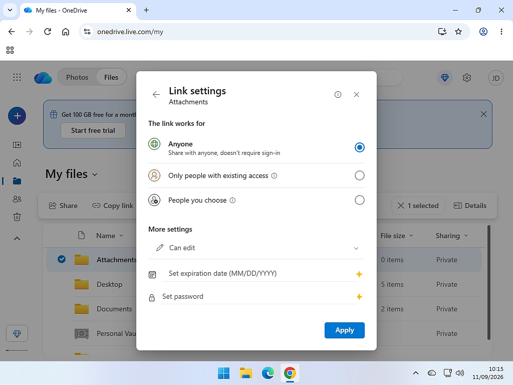 The OneDrive link settings window showing Anyone with the link and Specific people options.