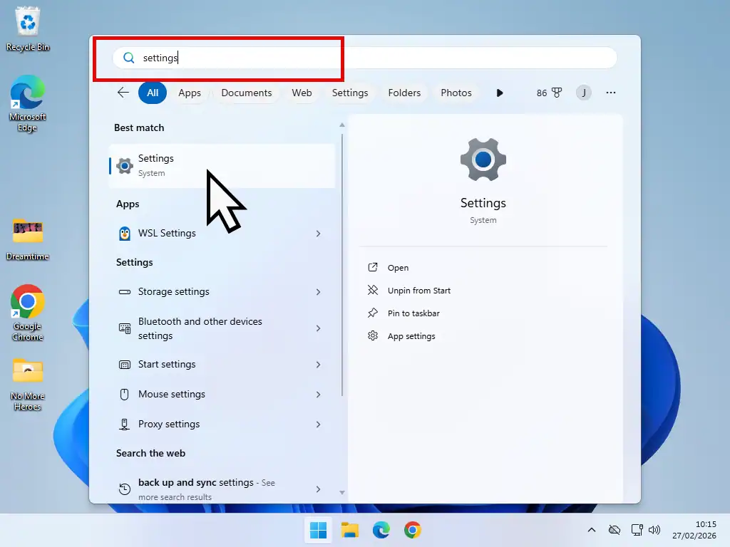 Open Settings Setting up OneDrive backup. Open the Settings app.