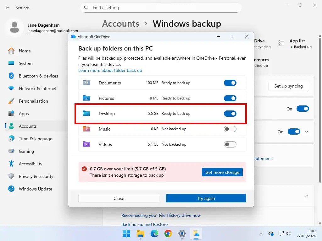 Over the OneDrive storage limit One of your folders may exceed your storage limit.
