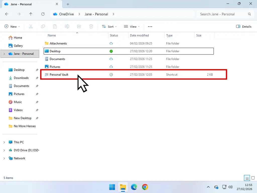 Personal vault folder Opening a Personal Vault in OneDrive.