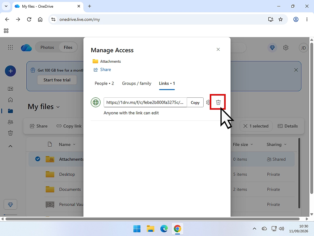 Deleting an existing link to a shared folder in OneDrive.