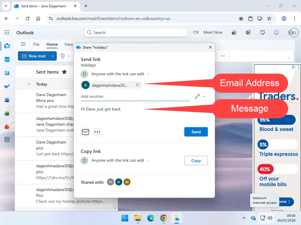 Send link popup Adding an email address and message before sending the link.