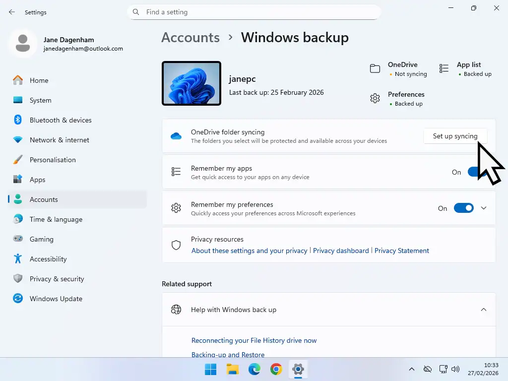 Set up syncing Setup OneDrive Sync.