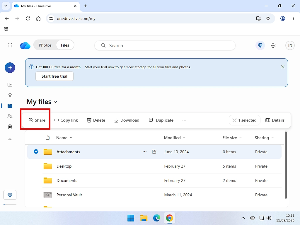 A folder selected on onedrive.com with the Share button on the toolbar highlighted.