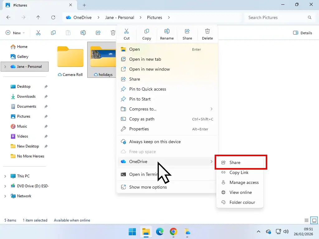 Share option in OneDrive Using the Share option in OneDrive.