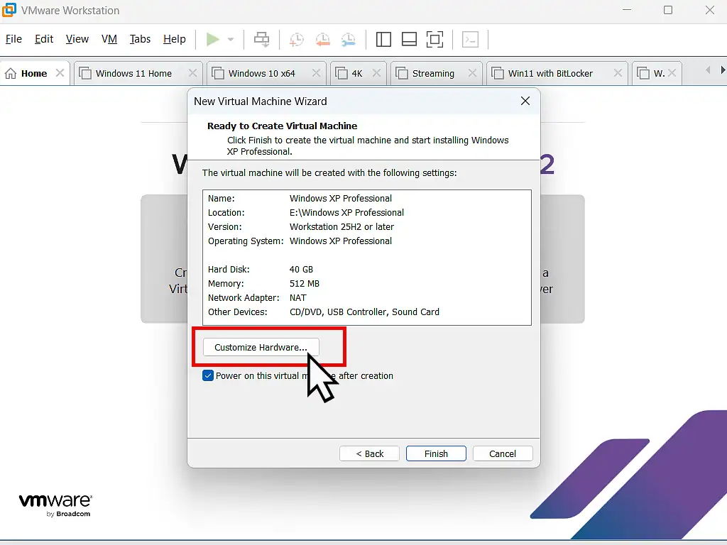 Configure virtual hardware settings in VMware Customising the VM hardware in VMware.