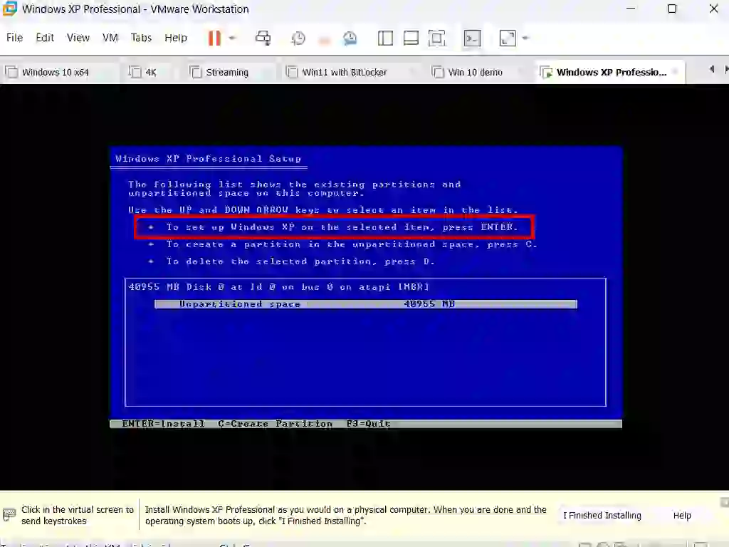 Partition and format drive in XP virtual machine Use the Quick format option.