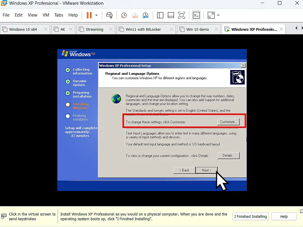 Setting regional and languge options in Windows XP Set the regional and language options.