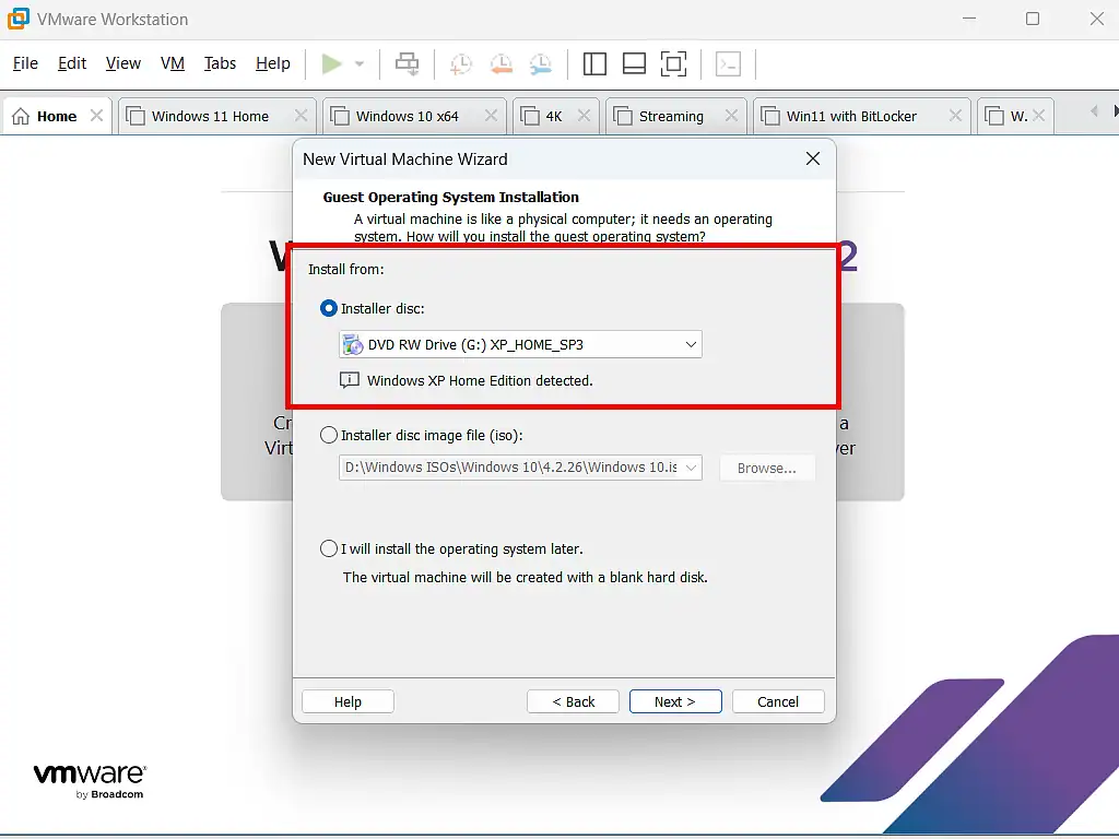 Setup Windows XP virtual machine from CD disk Using an optical disc to install Windows XP as a virtual machine in VMware.