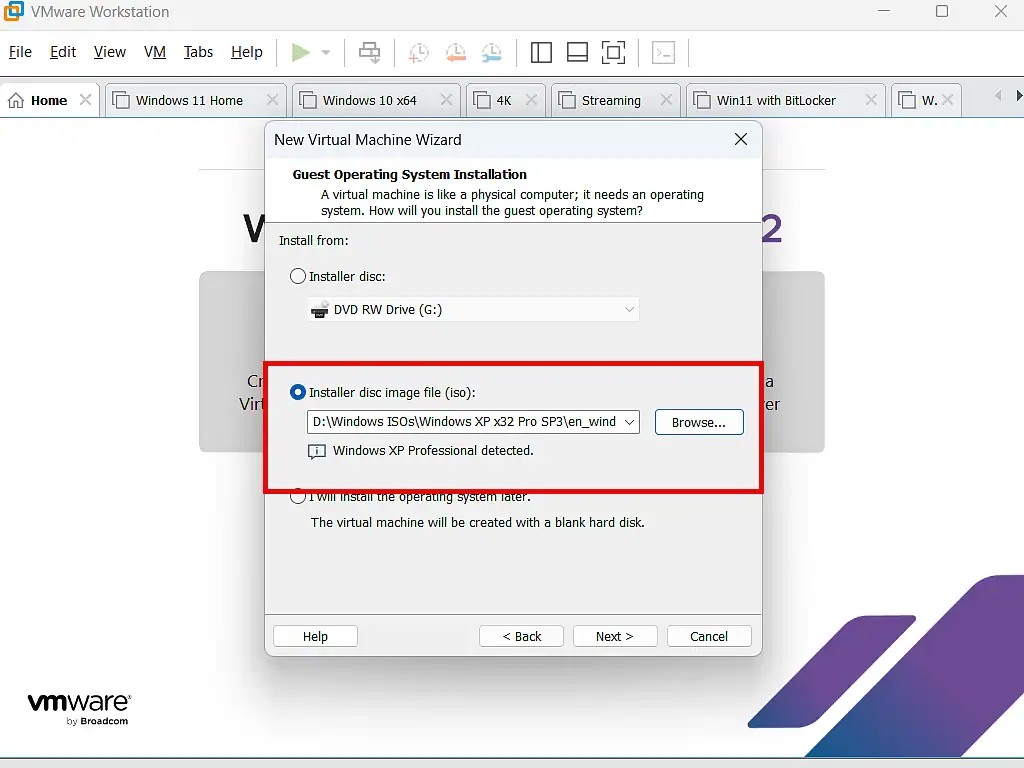 Setup Windows XP virtual machine from ISO image file Selecting to install Windows XP from an ISO image file in VMware Workstation Pro.