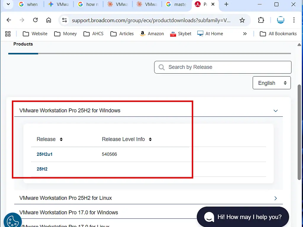 VMware Workstation Pro 25H2 download page Broadcom download page with 25H2u1 and 25H2 both available.