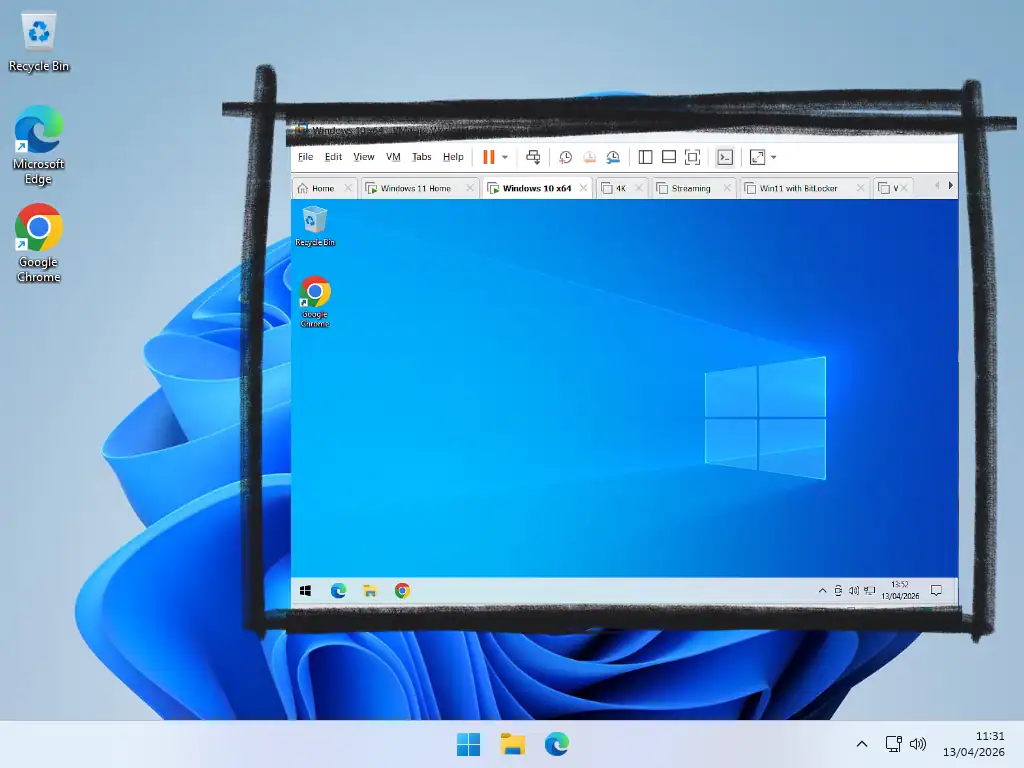 Windows 10 VM running on Windows 11 host A black border has been drawn around a virtual machine to highlight it on a Windows 11 desktop.