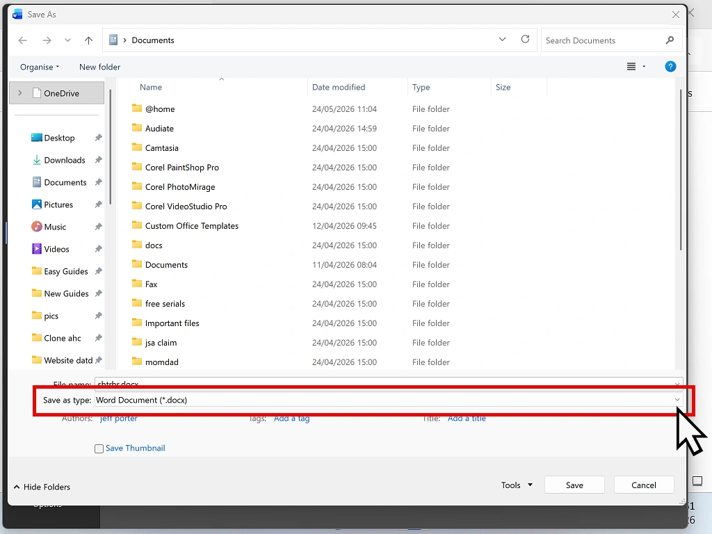 Save As Type box to convert a file format The Save As Type box is highlighted to save the file in a different format.
