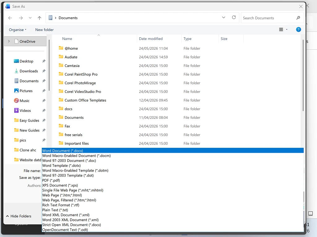 Select a file format to save in The Save As Type menu is open. There are several file formats to choose from.