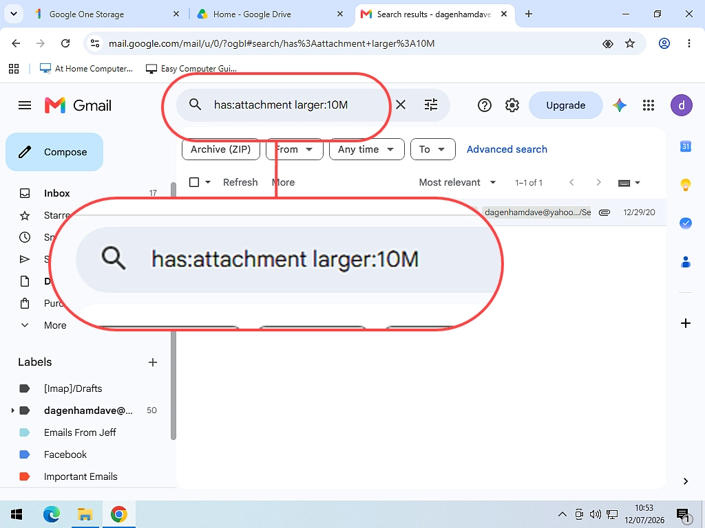 Searching Gmail for large email attachments has:attachment larger:10M entered into Gmail search to find emails with large attachments.