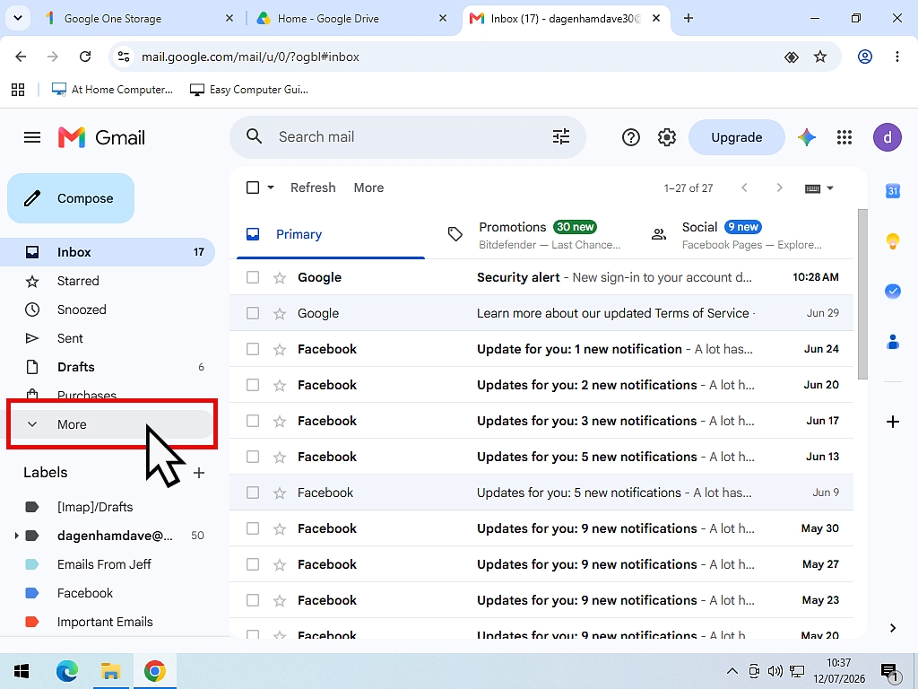 Show more folders in Gmail Clicking the More option in Gmail to reveal extra folders.
