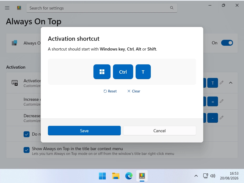 The settings page for a PowerToys tool showing the activation shortcut box being changed