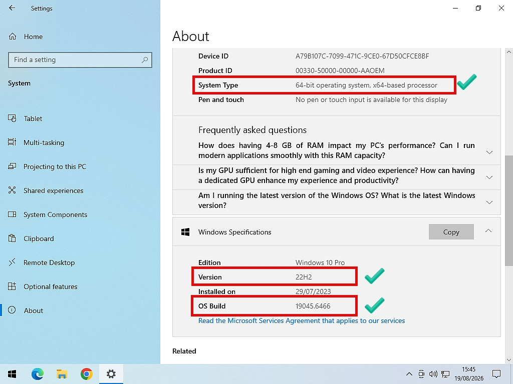 The About page in Windows Settings showing System type as 64-bit and the Windows version number