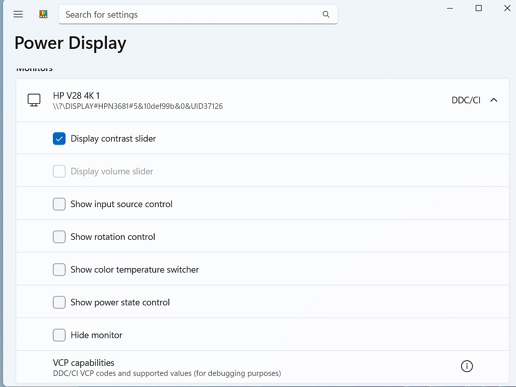 The per monitor control switches on the Power Display settings page in PowerToys