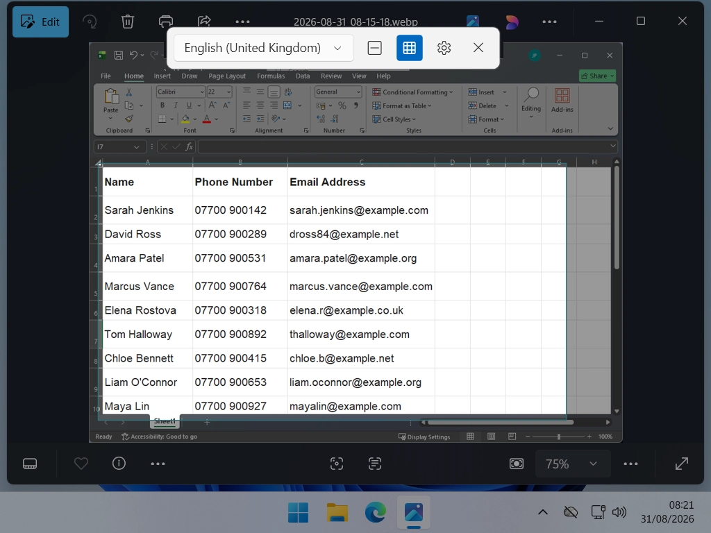 Using the Format result as table option in PowerToys Text Extractor to grab data from image of a spreadsheet.