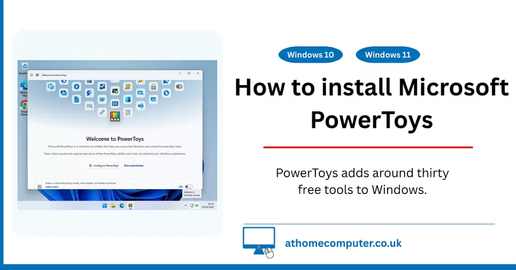 The Welcome to PowerToys splash screen on top of Windows 11 desktop.