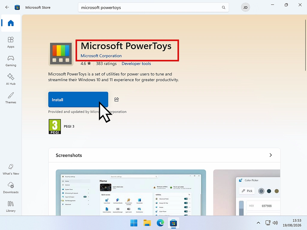 The Microsoft PowerToys listing in the Microsoft Store showing Microsoft Corporation as the publisher