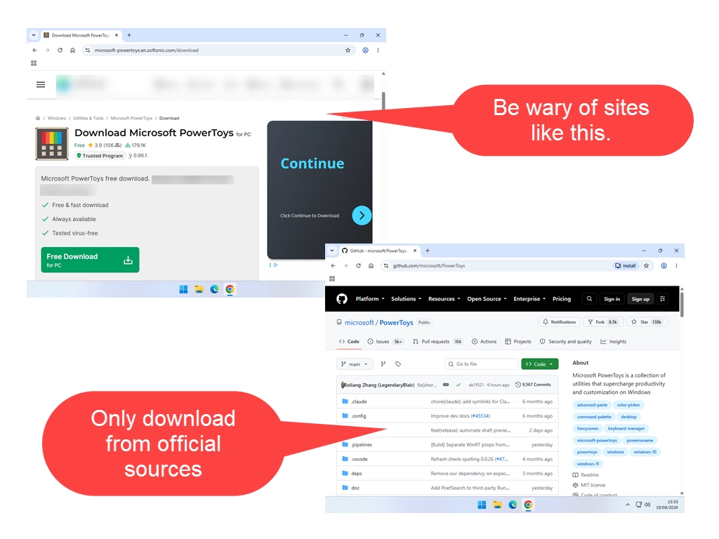 The genuine Microsoft PowerToys Store listing next to a lookalike download page