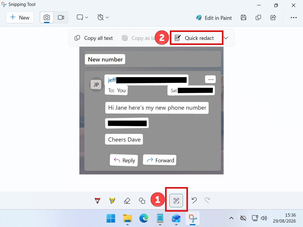 A screenshot open in Snipping Tool with the Text extraction and Quick redact buttons number 1 and 2