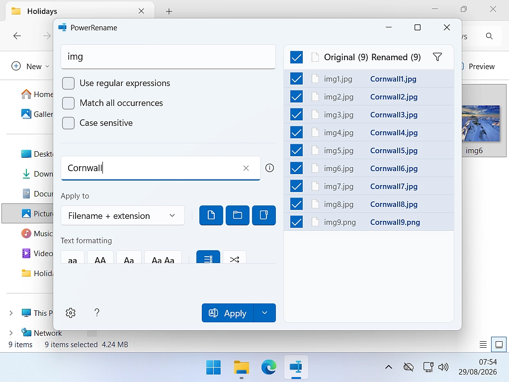 The PowerRename window showing a preview of the new file names