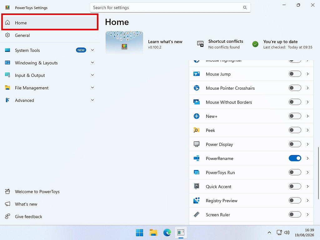 The PowerToys Settings Home screen showing the list of utilities with on and off switches