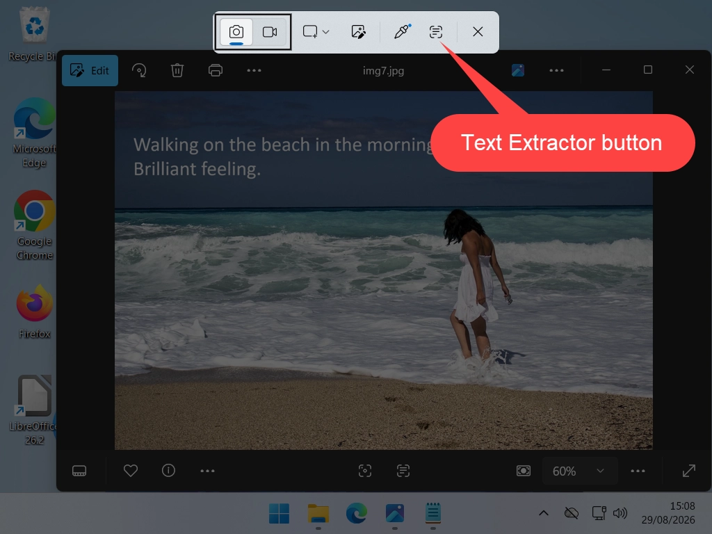 The Snipping Tool bar at the top of the screen with the text extractor button highlighted