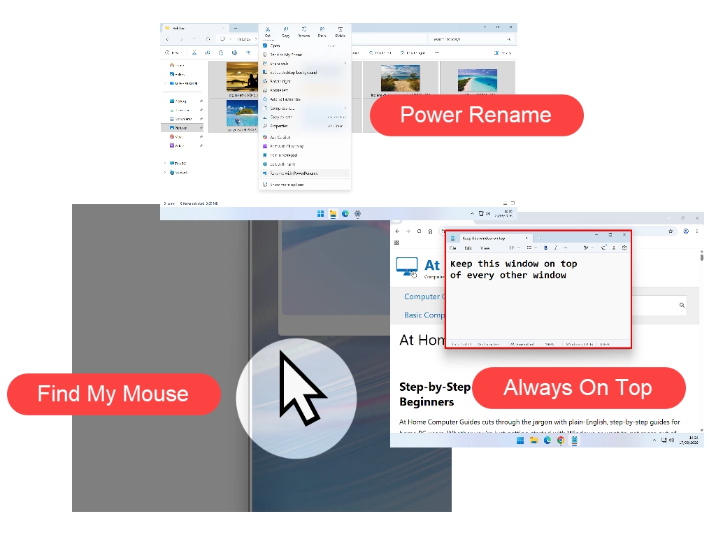 A few of the tools in use. PowerRename, Always On Top and Find My Mouse.