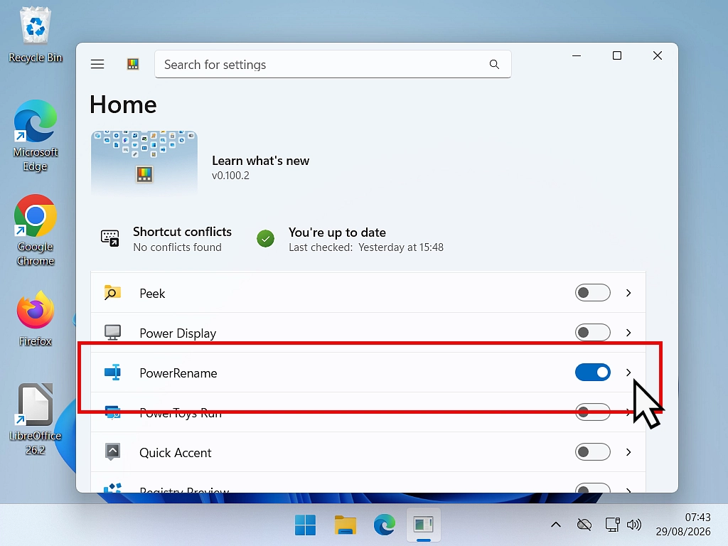 Turning on PowerRename in the Microsoft PowerToys settings