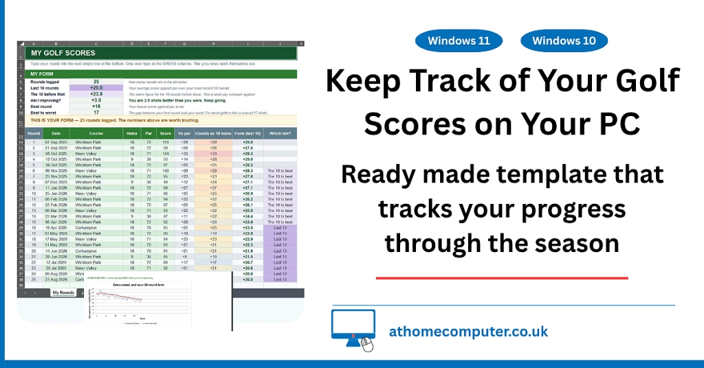 Golf score tracker spreadsheet showing scores improving over 25 rounds