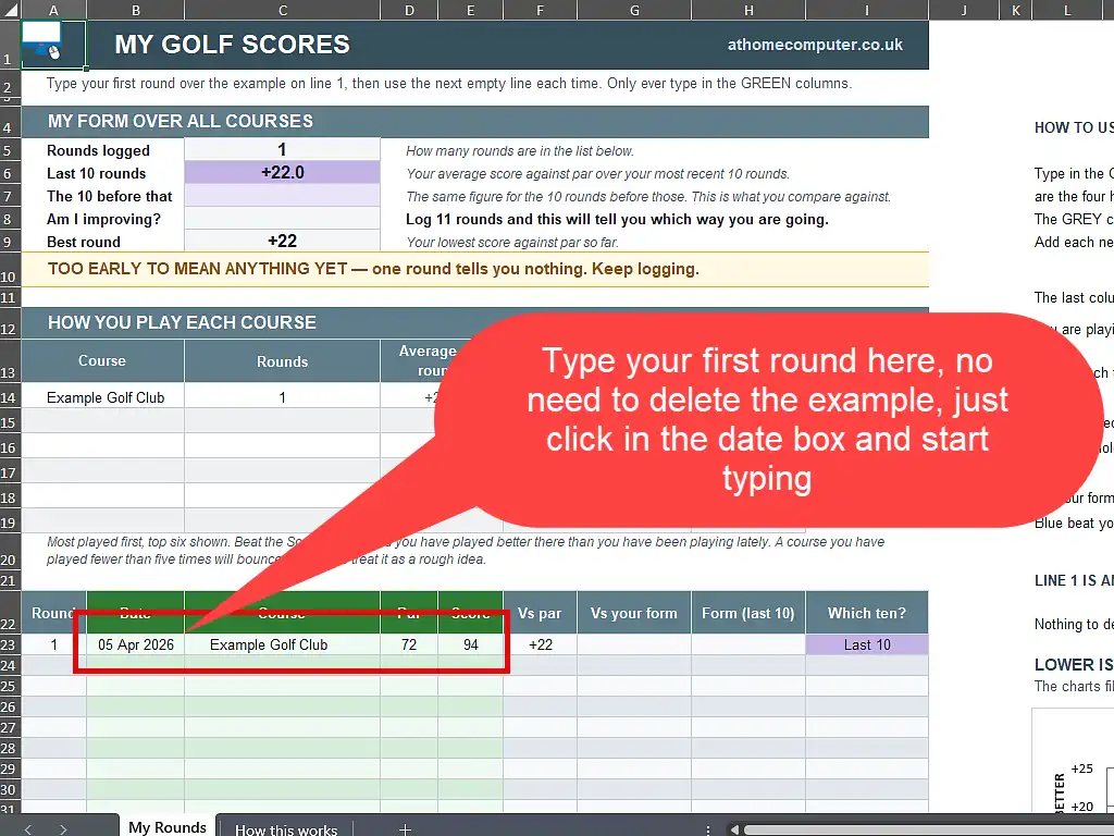 Golf score tracker spreadsheet showing the example round on line 1