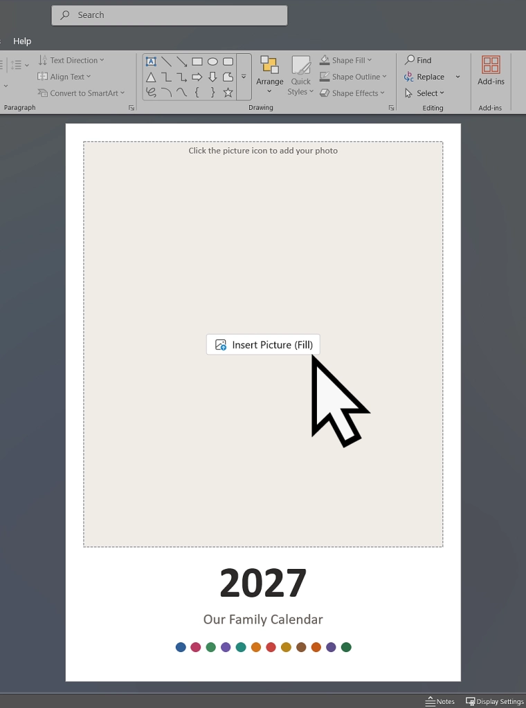 Empty photo space on a PowerPoint calendar page with the picture icon in the middle