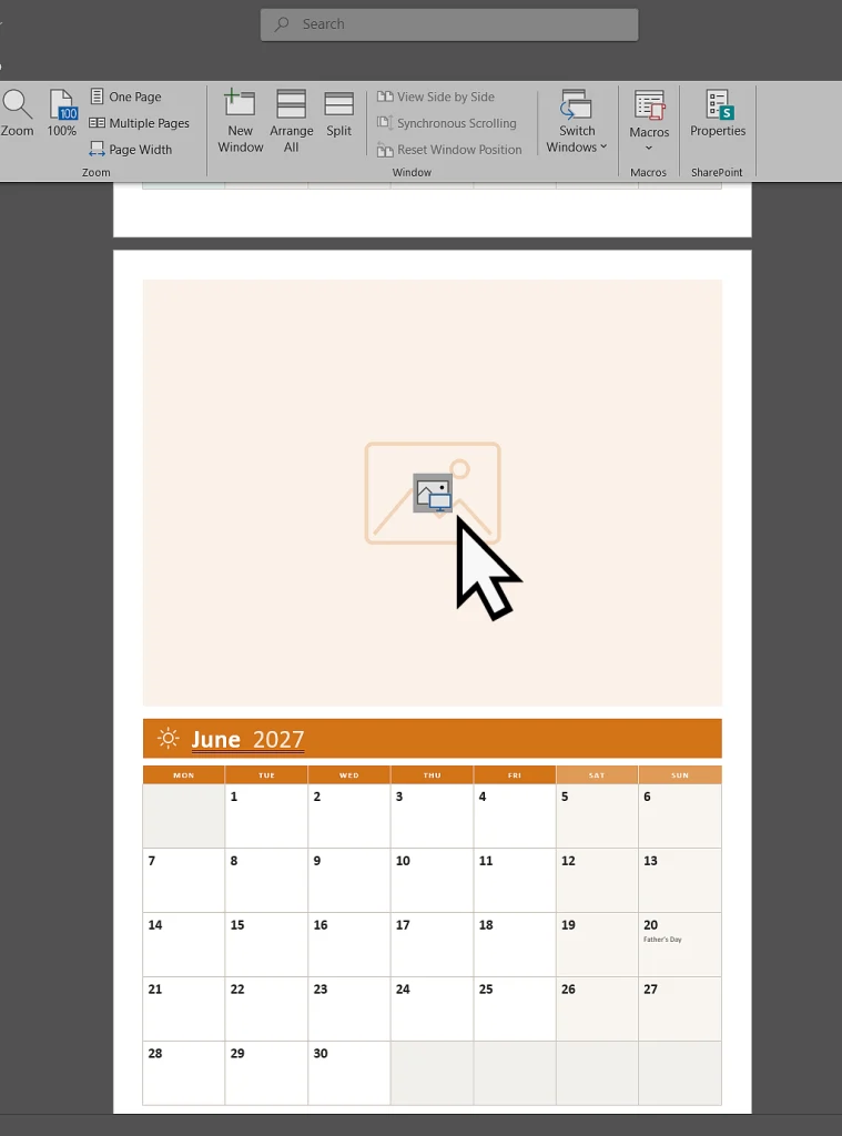 Empty photo space on a Word calendar page showing Word's picture icon