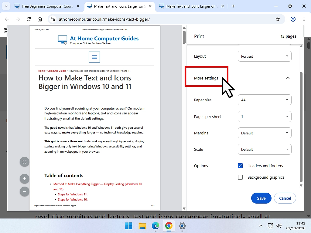 Chrome print window with More settings open, showing Headers and footers and Background graphics.
