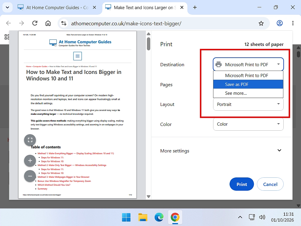 Chrome print window with Destination set to Save as PDF.