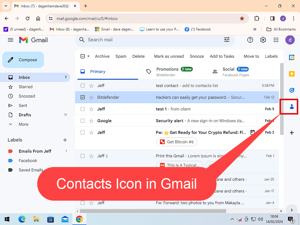 The Contacts icon is indicated by a callout in Gmail.