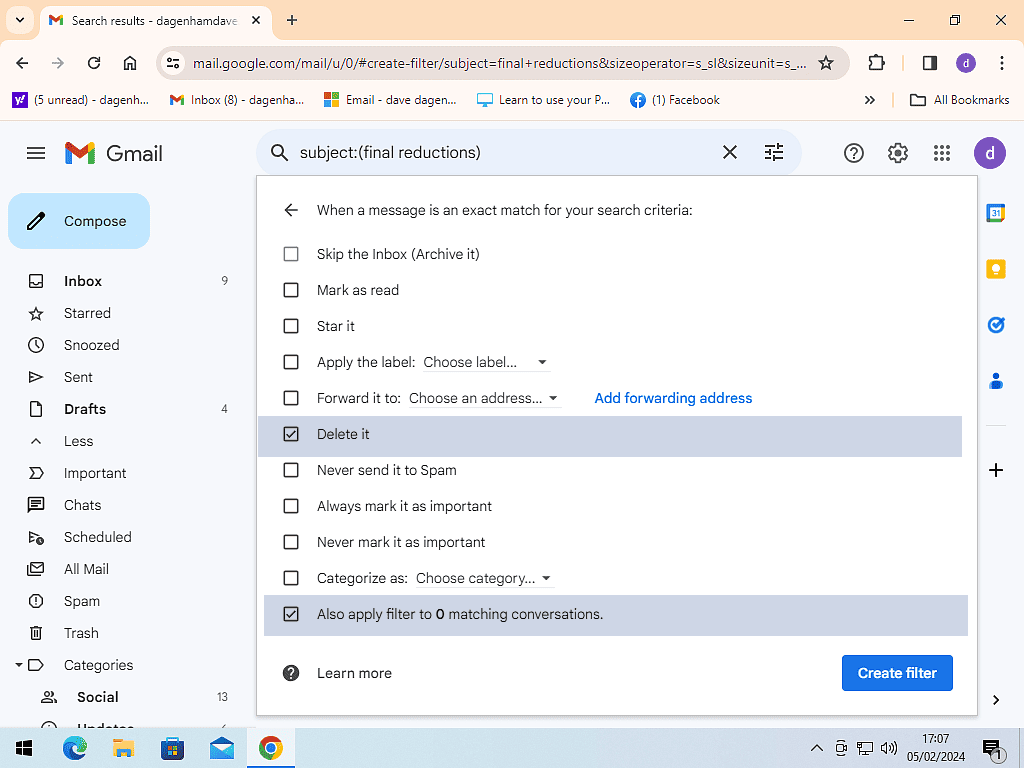 Delete is selected as the option when an email triggers the filter.