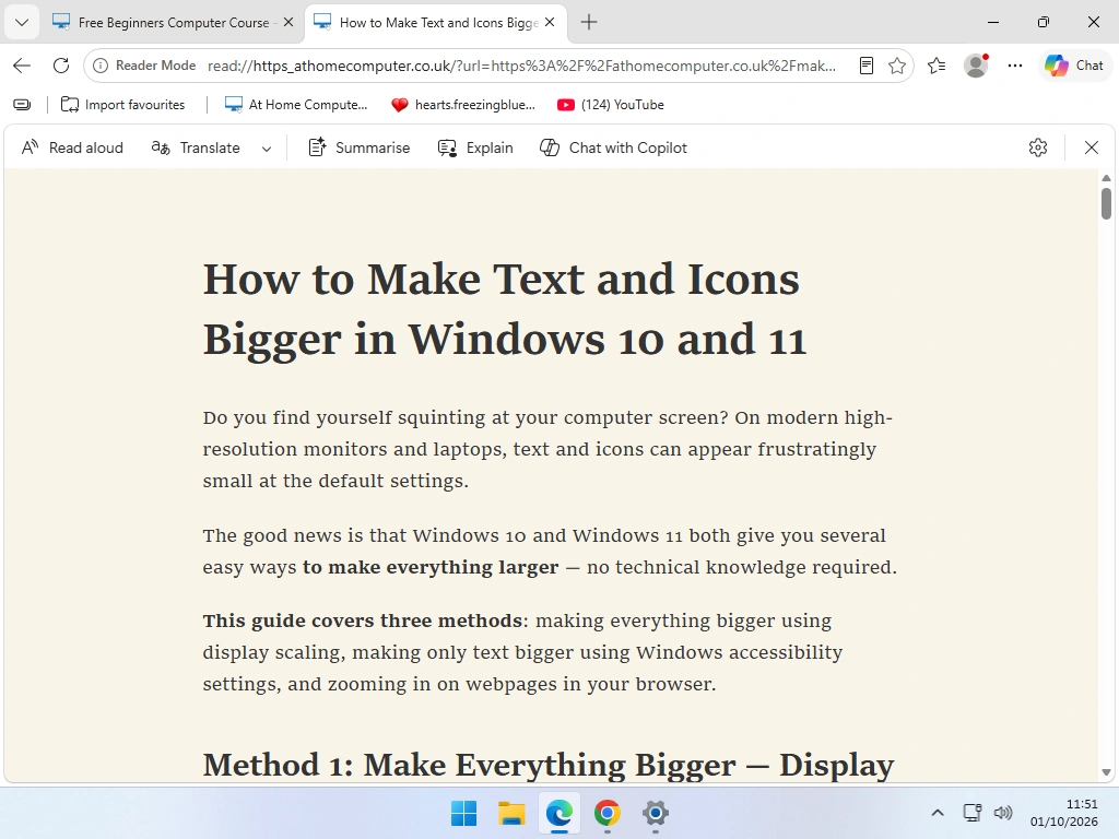 A web page opened in Immersive Reader in Microsoft Edge, ready to save as a PDF.